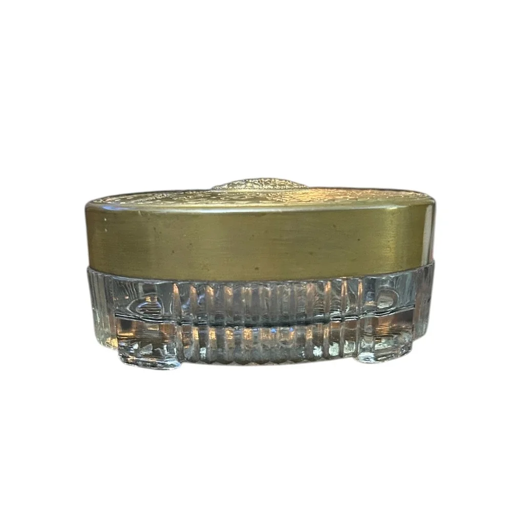 Vintage Art Deco Oval Glass Vanity Jars Set of 3 Brass Floral Embossed Lids